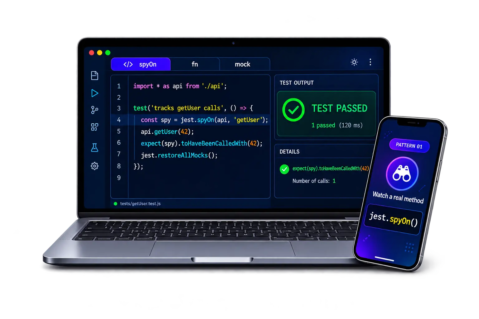Jest spyOn, fn and mock examples displayed on a laptop and mobile phone